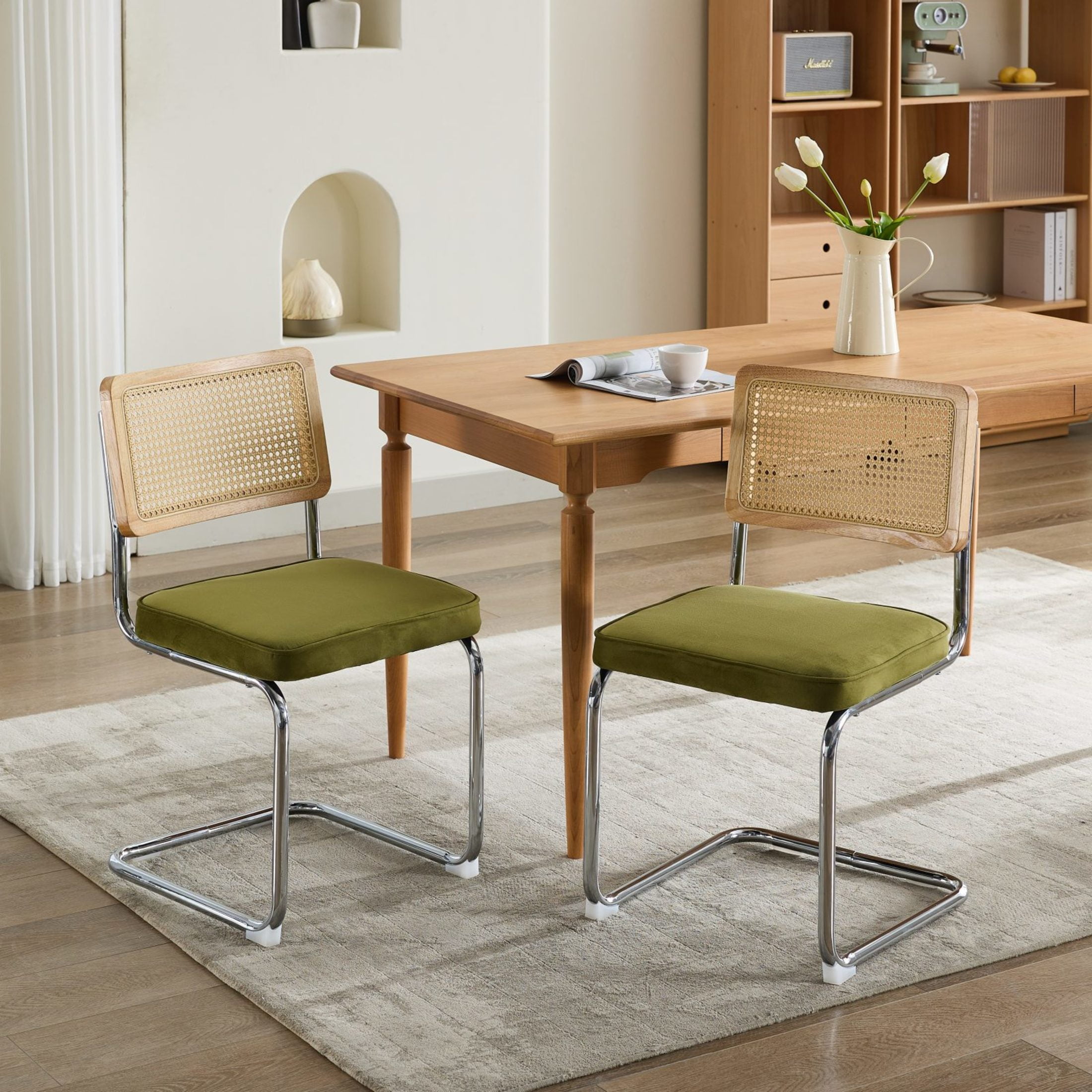 Noble House Muse Modern Upholstered Velvet Dining Chairs, Rattan Back and Stainless Base, Olive Green, Set of 2