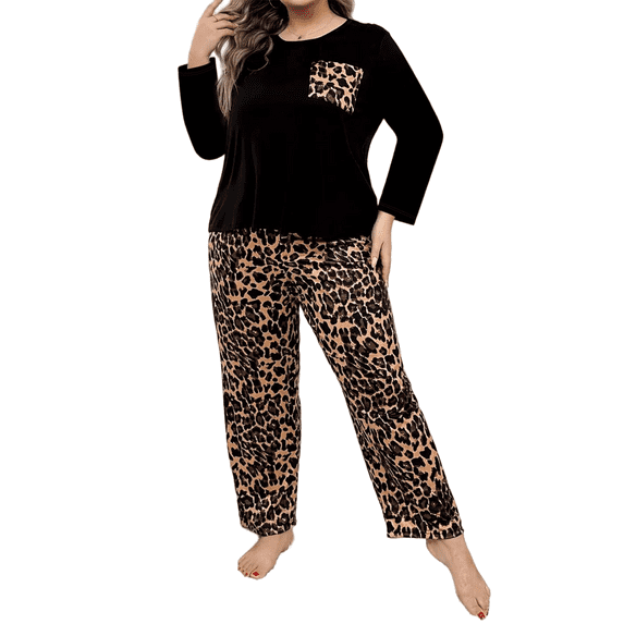 Musefolio Women Casual 2 Piece Outfit Set Long Sleeve Pajama Set Loungewear Pullover Round Leopard Print With Pockets Home Set 1X-5X