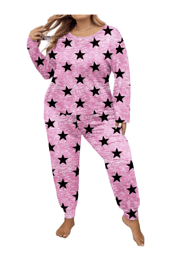 Women Plus Size Casual 2 Piece Outfit Set Long Sleeve Pajama Set Loungewear Pullover Round Neck Autumn And Winter Set 1X-5X