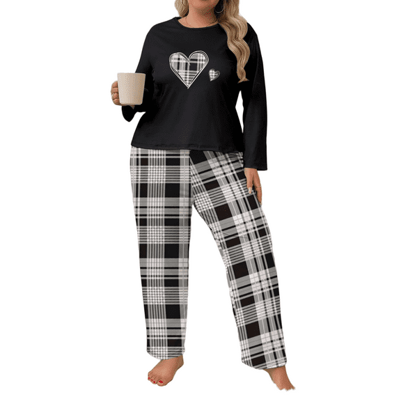 Musefolio Women Plus Size Casual Two-Piece Set - Long Sleeve Nightgown Set - Casual Clothing - Pullover Round Neck Fall/Winter Set 1X - 5X