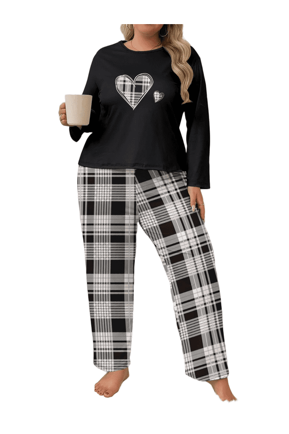 Women Plus Size Casual Two-Piece Set - Long Sleeve Nightgown Set - Casual Clothing - Pullover Round Neck Fall/Winter Set 1X - 5X