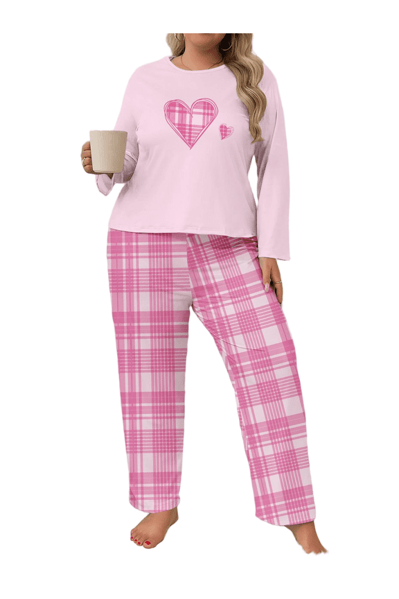 Women Plus Size Casual Two-Piece Set - Long Sleeve Nightgown Set - Casual Clothing - Pullover Round Neck Fall/Winter Set 1X - 5X