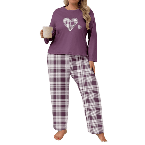 Musefolio Women Plus Size Casual Two-Piece Set - Long Sleeve Nightgown Set - Casual Clothing - Pullover Round Neck Fall/Winter Set 1X - 5X