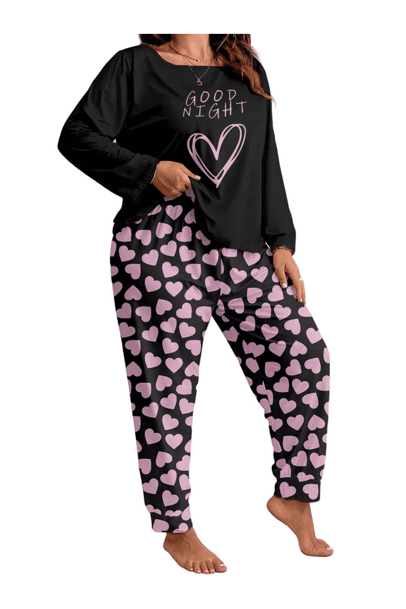 Women Plus Size Casual Two-Piece Set - Long Sleeve Nightgown Set - Casual Clothing - Pullover Round Neck "Good night" Heart Print Relaxed And Cozy Matching Set Fall/Winter Set 1X - 5X