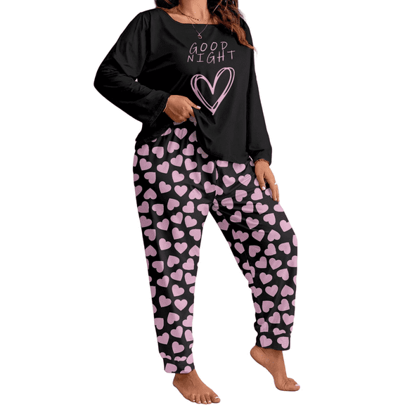 Musefolio Women Plus Size Casual Two-Piece Set - Long Sleeve Nightgown Set - Casual Clothing - Pullover Round Neck "Good night" Heart Print Relaxed And Cozy Matching Set Fall/Winter Set 1X - 5X