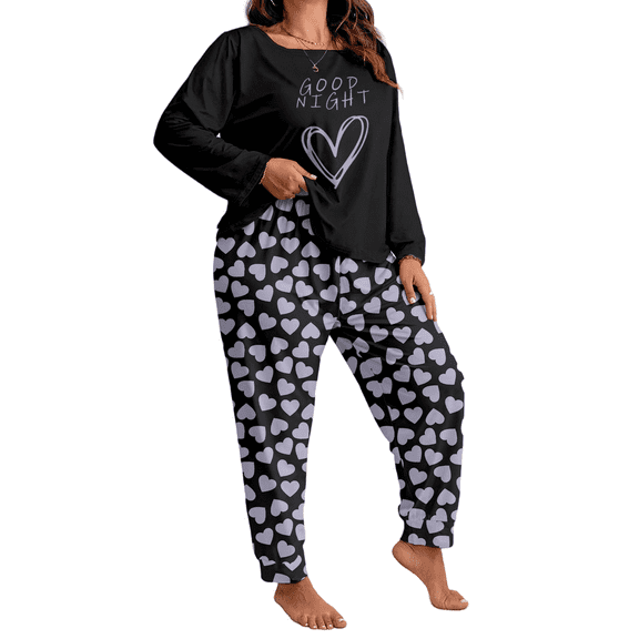 Musefolio Women Plus Size Casual Two-Piece Set - Long Sleeve Nightgown Set - Casual Clothing - Pullover Round Neck "Good night" Heart Print Relaxed And Cozy Matching Set Fall/Winter Set 1X - 5X