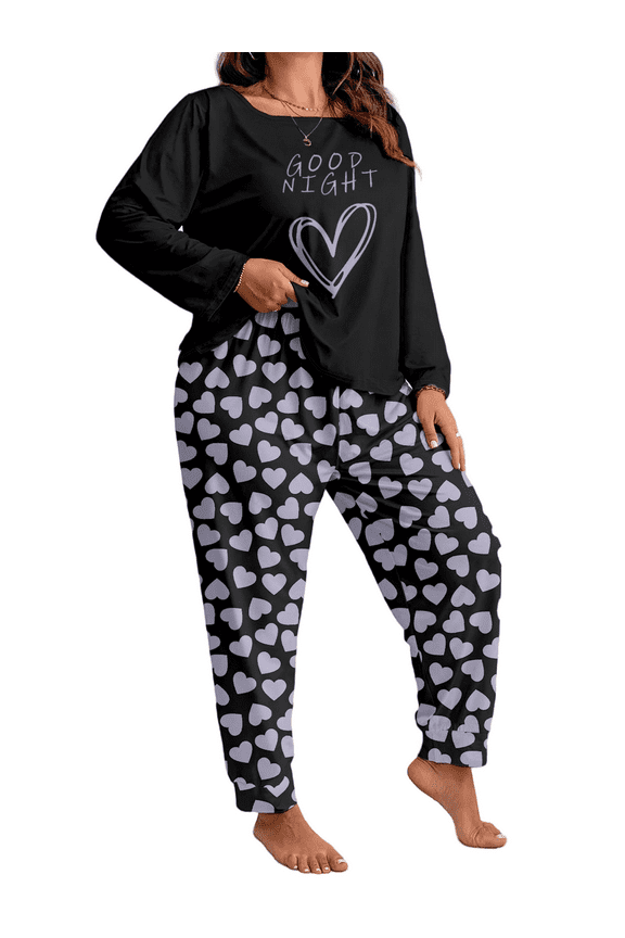 Women Plus Size Casual Two-Piece Set - Long Sleeve Nightgown Set - Casual Clothing - Pullover Round Neck "Good night" Heart Print Relaxed And Cozy Matching Set Fall/Winter Set 1X - 5X