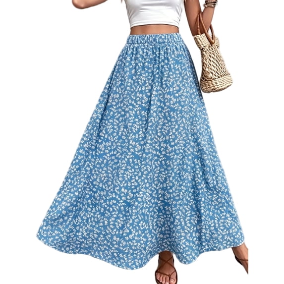 Musefolio Women’s Small Floral Print Long Skirt Resort Style A-Line Maxi S-2XL