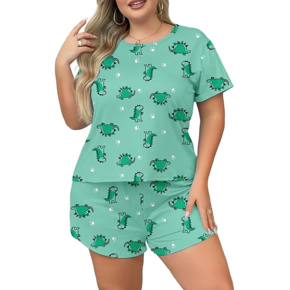 Musefolio Women's Pajama Sets Summer Short Sleeve Round Neck Comfort Fit Printed Pattern Casual Sleepwear 1X-5X