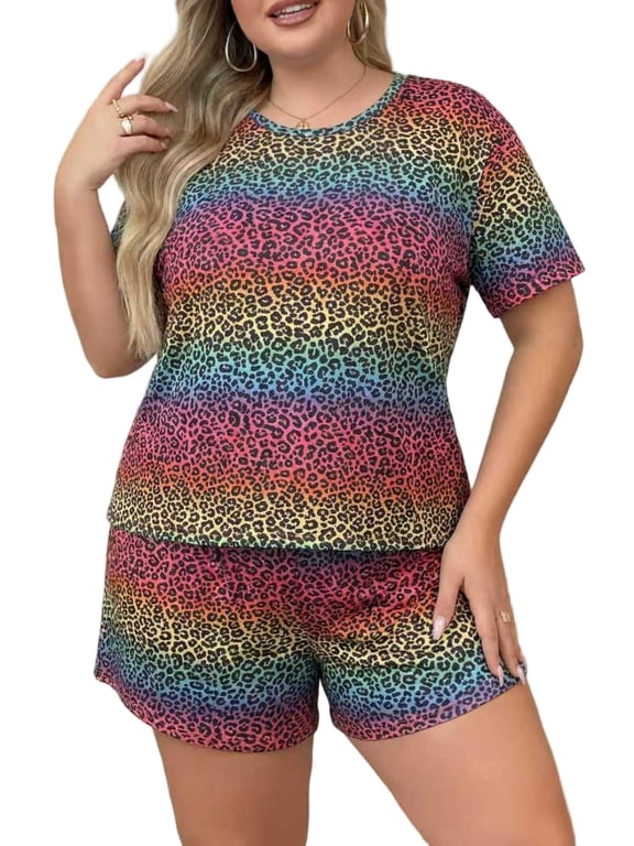 Women's Pajama Sets Summer Short Sleeve Round Neck Comfort Fit Printed Pattern Casual Sleepwear 1X-5X