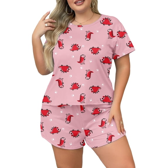 Musefolio Women's Pajama Sets Summer Short Sleeve Round Neck Comfort Fit Printed Pattern Casual Sleepwear 1X-5X