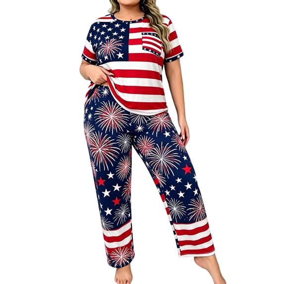 Musefolio Women's Plus Size Pajamas 2 Piece Set Elastic Waist and Chest Pocket Casual Loungewear 1X-5X