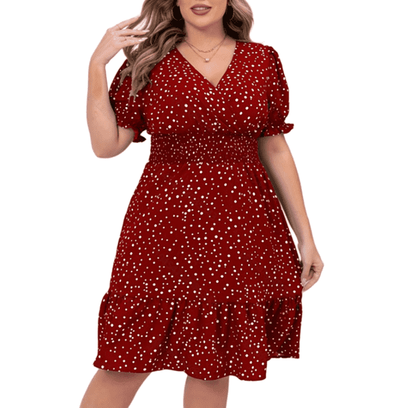 Musefolio Women's summer plump retro wave point draw pleated V-neck all match show thin dress 1X-4X