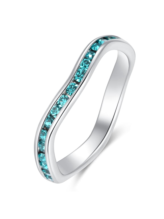Birthstone Eternity Band Ring Wave Style (Channel Set/Full Round), Stackable Fashion Ring with Crystal Birthstone