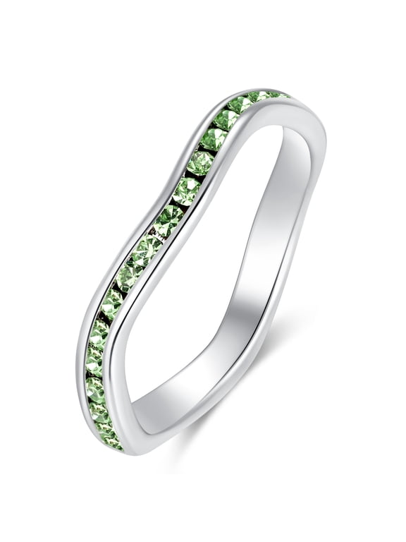 Birthstone Eternity Band Ring Wave Style (Channel Set/Full Round), Stackable Fashion Ring with Crystal Birthstone