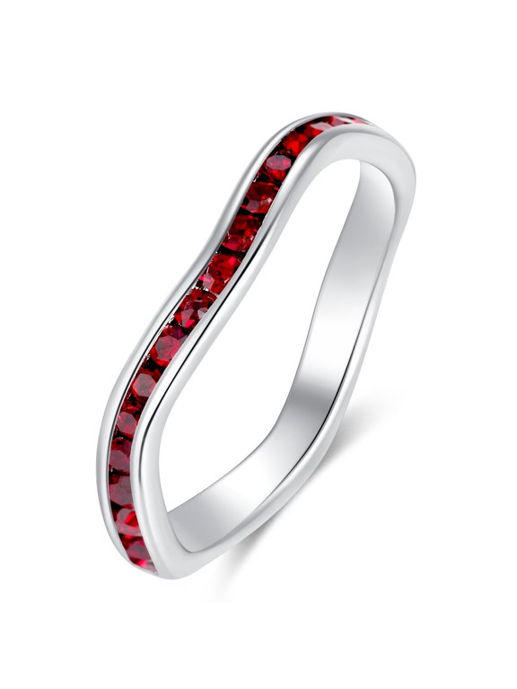 Birthstone Eternity Band Ring Wave Style (Channel Set/Full Round), Stackable Fashion Ring with Crystal Birthstone