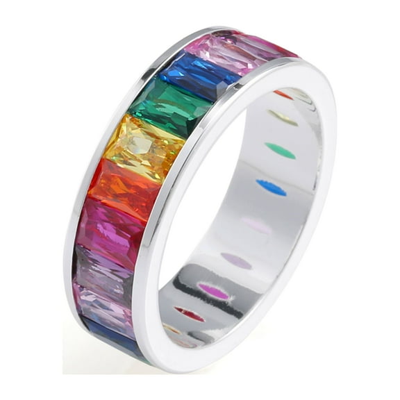 Eternity Rainbow Baguette Ring, Emerald Cut Cubic Zirconia, Birthstone Wedding Thumb Ring for Women and Men – Muses Art Design