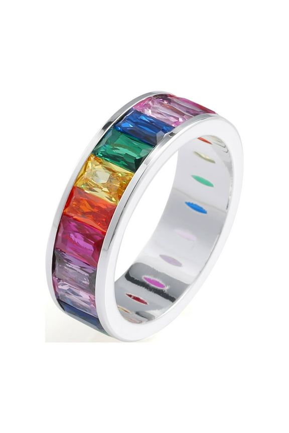 Eternity Rainbow Baguette Ring, Emerald Cut Cubic Zirconia, Birthstone Wedding Thumb Ring for Women and Men – Muses Art Design