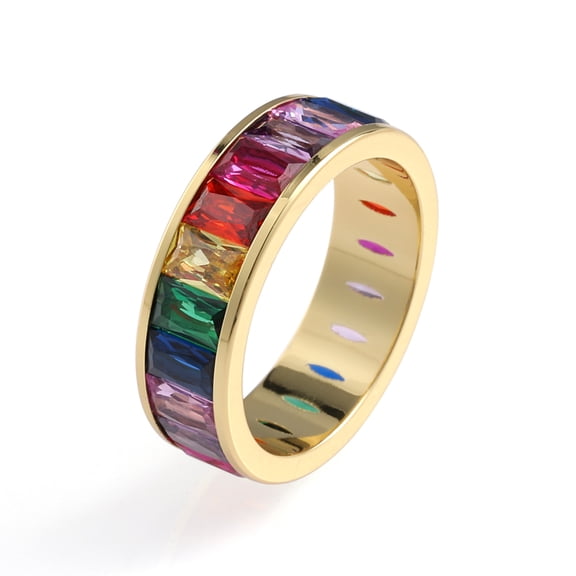 Eternity Rainbow Baguette Ring, Emerald Cut Cubic Zirconia, Birthstone Wedding Thumb Ring for Women and Men – Muses Art Design