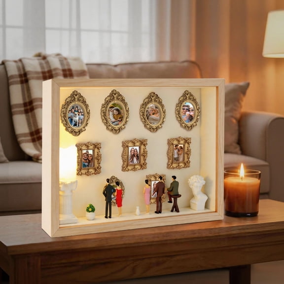 Museum of Us Kit DIY Mini Museum Shadow Box with Mini People Figurines, Gold Frames, LED Light Memory Figurines Personalized Silhouette Box for Home Decor, Wedding, Pet Memorial Creative Memories