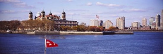 Museum and skyscrapers viewed through a ferry New Jersey Ellis Island New York City New York State USA Canvas Art - Panoramic Images (36 x 12)