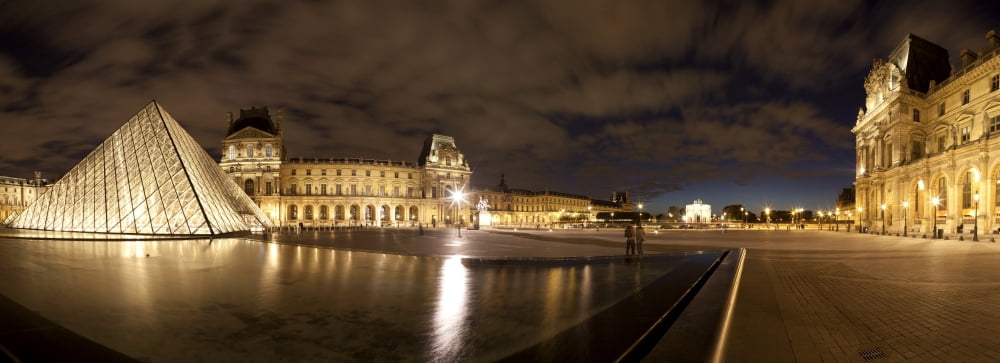 Museum with glass pyramid lit up at dusk Musee Du Louvre Paris Ile-de-France France Canvas Art - Panoramic Images (36 x 12)