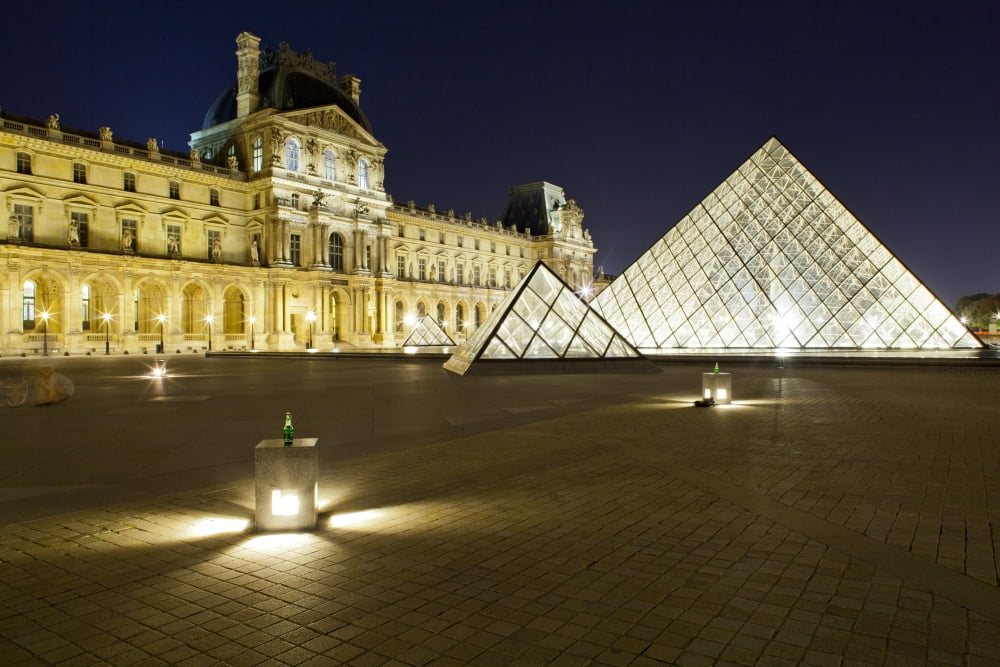 Museum with glass pyramid lit up at night Musee Du Louvre Paris Ile-de-France France Canvas Art - Panoramic Images (36 x 12)