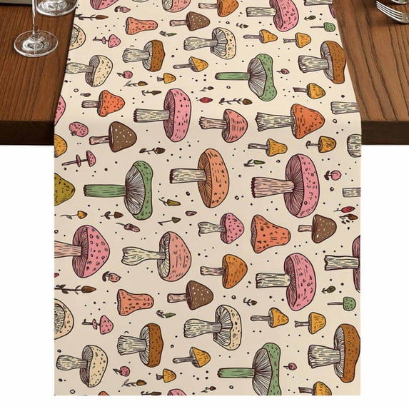 Mushroom 120 Inch Table Runner, Vintage Summer Botanical Pink Orange Farmhouse Dresser Scarf Cotton & Linen Tablerunner for Dining/Kitchen Island/Holiday Party Décor 13" x 120"