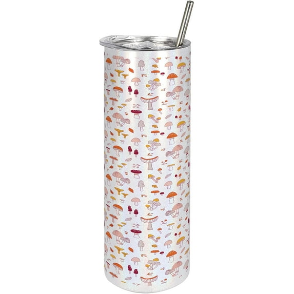 Mushroom 20 Oz Skinny Tumbler, Forest Themed Plant Flowers Jungle Nature Sketchy on Plain Backdrop, Leak-Proof Straw Lid and Brush Vacuum Insulated for Outdoor Use, Orange Plum and White
