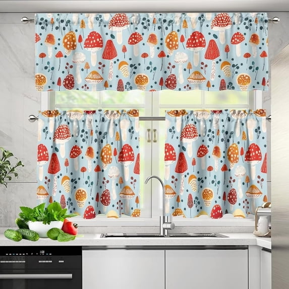 Mushroom 3 Piece Kitchen Curtains Valance and Tiers Set Removable and Washable Cafe Curtains 36 Inch Length Rod Pocket Rv Curtains for Nurseries Children''s Room (54"x18"+27.5"x36"x2)
