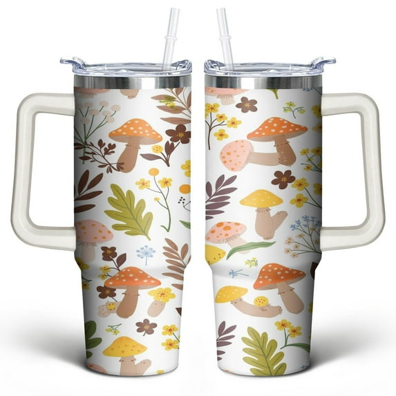 Mushroom 30 Oz Tumbler with Handle Lid and Straw, Stainless Steel Double Walled Vacuum Insulated Cup, Cute Anniversary Wedding Birthday Gifts Tumbler for Women Men Friends Outdoor Indoor