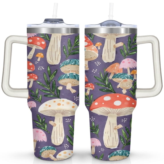 Mushroom 40 Oz Tumbler with Handle Lid and Straw, Stainless Steel Double Walled Vacuum Insulated Cup, Cute Anniversary Wedding Birthday Gifts Tumbler for Women Men Friends Outdoor Indoor