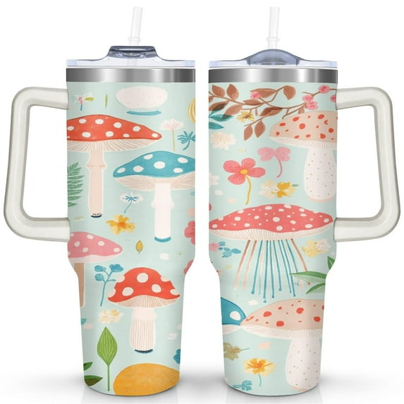Mushroom 40 Oz Tumbler with Handle Lid and Straw, Stainless Steel Double Walled Vacuum Insulated Cup, Cute Anniversary Wedding Birthday Gifts Tumbler for Women Men Friends Outdoor Indoor