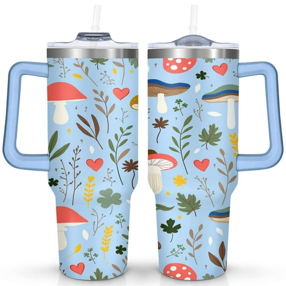 Mushroom 40 Oz Tumbler with Handle Lid and Straw, Stainless Steel Double Walled Vacuum Insulated Cup, Cute Anniversary Wedding Birthday Gifts Tumbler for Women Men Friends Outdoor Indoor