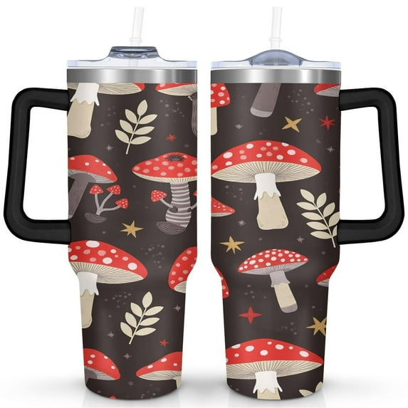 Mushroom 40 Oz Tumbler with Handle Lid and Straw, Stainless Steel Double Walled Vacuum Insulated Cup, Cute Anniversary Wedding Birthday Gifts Tumbler for Women Men Friends Outdoor Indoor