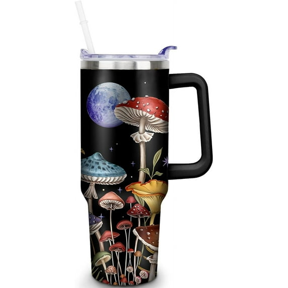 Mushroom 40 oz Tumbler with Handle and Straw, Double Wall Vacuum Insulated Stainless Steel Tumbler with straw, 100% Leak-proof Water Bottle, Travel Mug Coffee Cup, Gift for men and Women