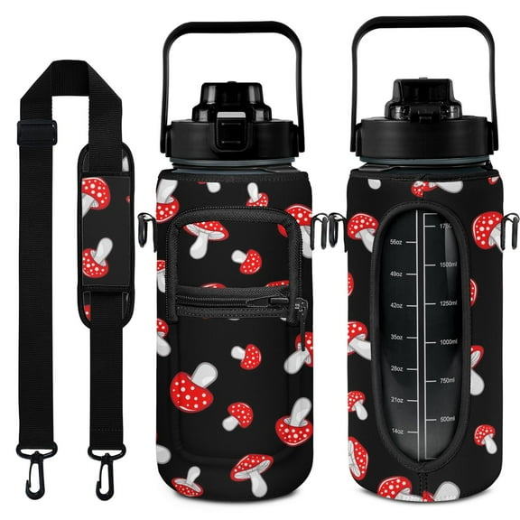 Mushroom 64 Oz Water Bottle with Measurements - BPA Free Leakproof Sport Large Plastic Water Bottle with Straw & Time Marker & Insulated Neoprene Holder Carrier Bag Great Gift for Women Men