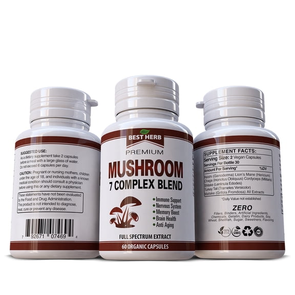 Mushroom 7 Complex Supplement - Full Spectrum Extract Blend 1000mg - 60 Organic Caps