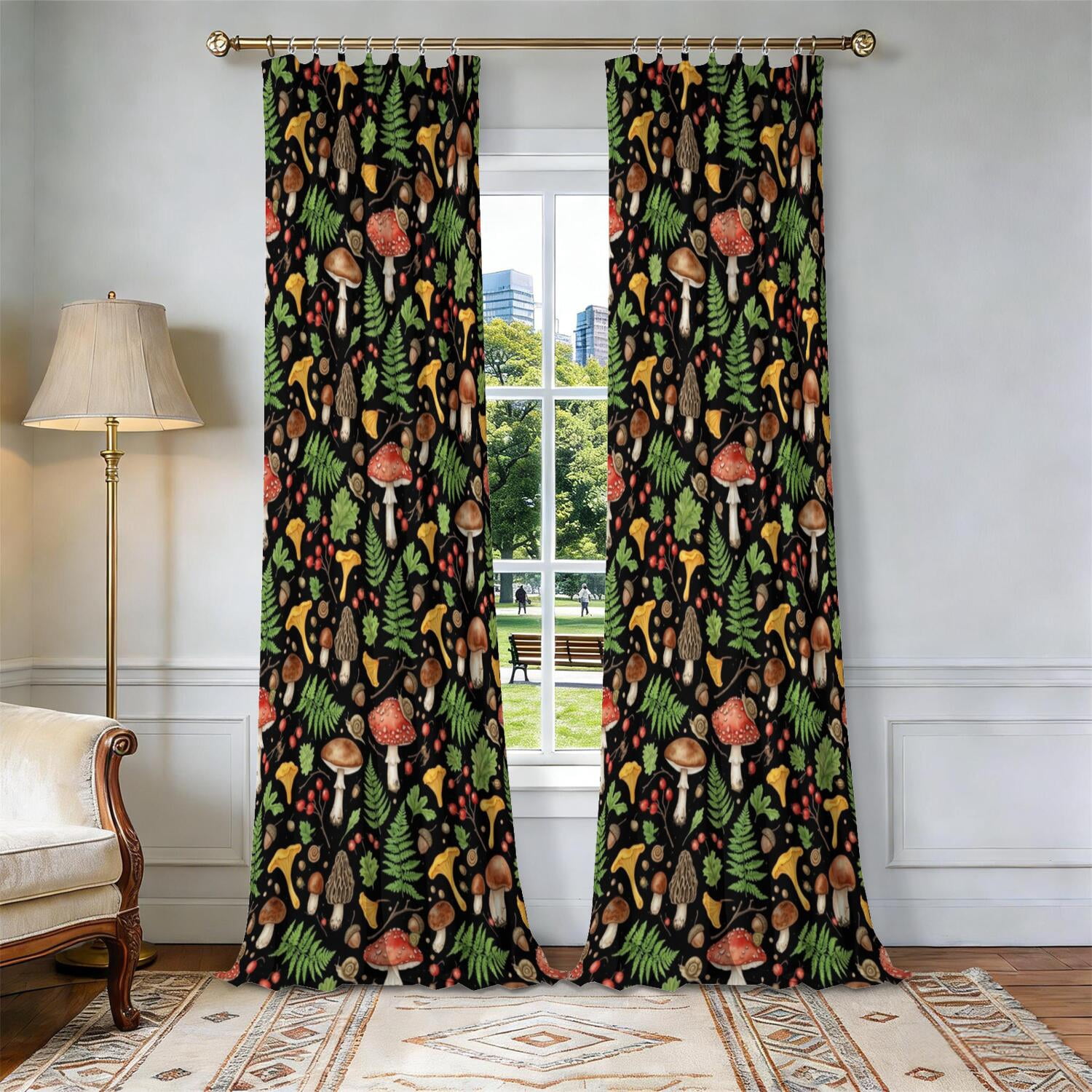Mushroom and Acorn Black Pattern Pinch Pleated Blackout Curtains ...