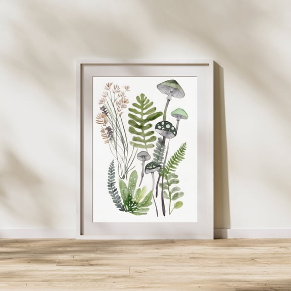 Mushroom And Fern Botanical Art Print, Folk Style Home Decor #2044, Unframed Poster Size 8x12