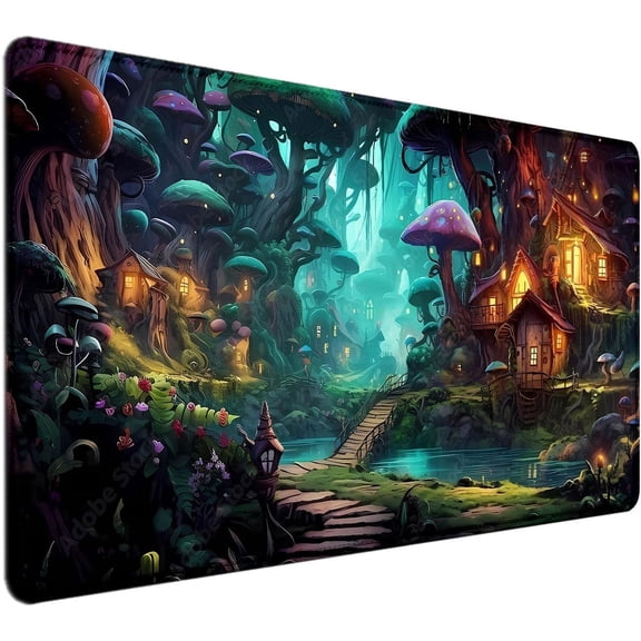 Mushroom Anime Desk Mat(35.4x15.7 in), Fairy Forest Large Gaming Mouse Pad for Laptop Computer, Tabletop Magic Play Mats Full Desk Mouse Pad, Fantasy Art XXL Playmat Mousepad