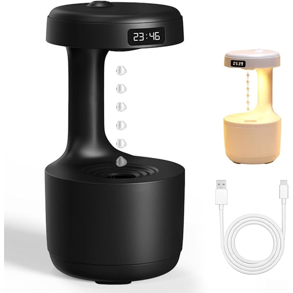 Mushroom Anti Gravity Humidifier, LED Drip Drop Humidifier with Night Light, Suspended Water Drop & Clock, 800ml Rain Water Drip Diffuser Humidifiers, Aromatherapy Diffuser for Bedroom (Black)