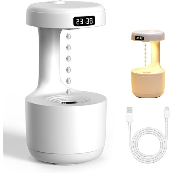 Mushroom Anti Gravity Humidifier, LED Drip Drop Humidifier with Night Light, Suspended Water Drop & Clock, 800ml Rain Water Drip Diffuser Humidifiers, Aromatherapy Diffuser for Bedroom (White)