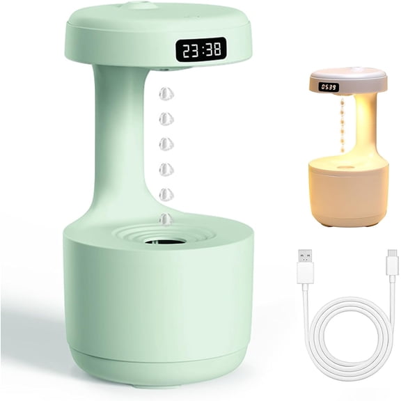 Mushroom Anti Gravity Humidifier, LED Drip Drop Humidifier with Night Light, Suspended Water Drop & Clock, 800ml Rain Water Drip Diffuser Humidifiers, Aromatherapy Diffuser for Bedroom (Green)