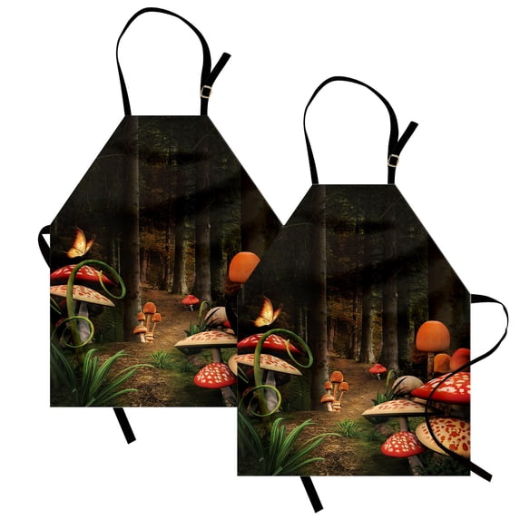 Mushroom Apron Pack of 2, Mushrooms in Deep Dark Forest Fantasy Nature Theme Earth Path, Unisex Kitchen Bib with Adjustable Neck, 2 Pcs - Adult Size, Green Brown and Red, by Ambesonne