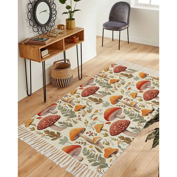 Mushroom Area Rug 3x5ft Woven Runner Rug,Fall Thanksgiving Mushroom Maple Leaf Botanical Washable Living Room Hallway Bedroom Kitchen Carpet with Tassels,Indoor Outdoor Throw Door Mat for Entryway