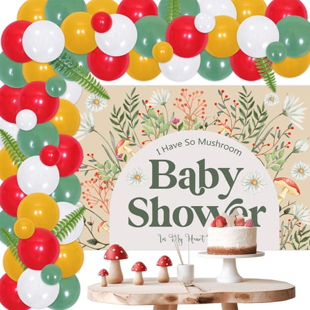 Baby Shower Party Decoration, Jungle Mushroom Party Supplies Include Baby Shower Backdrop, Red and Green White Yellow Latex Balloons Arch Kit for Boys Girls Baby Shower Birthday Party Decor