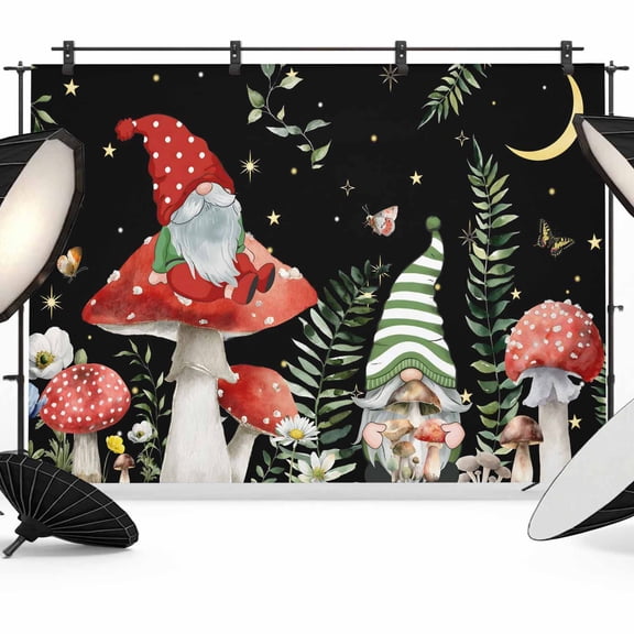 Mushroom Backdrop for Photography,Fabric Photo Background Backdrop,Botanical Watercolor Gnomes Butterfly Leaf Plant Photo Booth Background for Portrait Photoshoot Video Wedding Banner 10x8ft