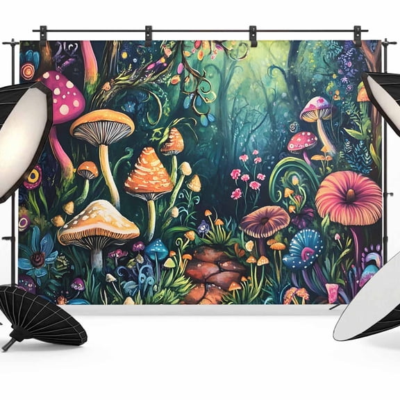 Mushroom Backdrop for Photoshoot, Photography Photo Studio Background Wall Backdrop, Dream Forest Botanical Floral Plant Back Drop Banner Panel for Portraits Wedding Party Live Streaming Decor 7x5Ft