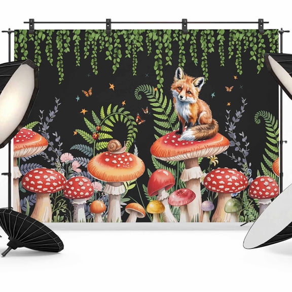 Mushroom Backdrop for Photoshoot,Photography Photo Studio Background Wall Backdrop,Fox Botanical Leaf Green Black Butterfly Back Drop Banner Panel for Portraits Wedding Party Live Streaming 8x6Ft